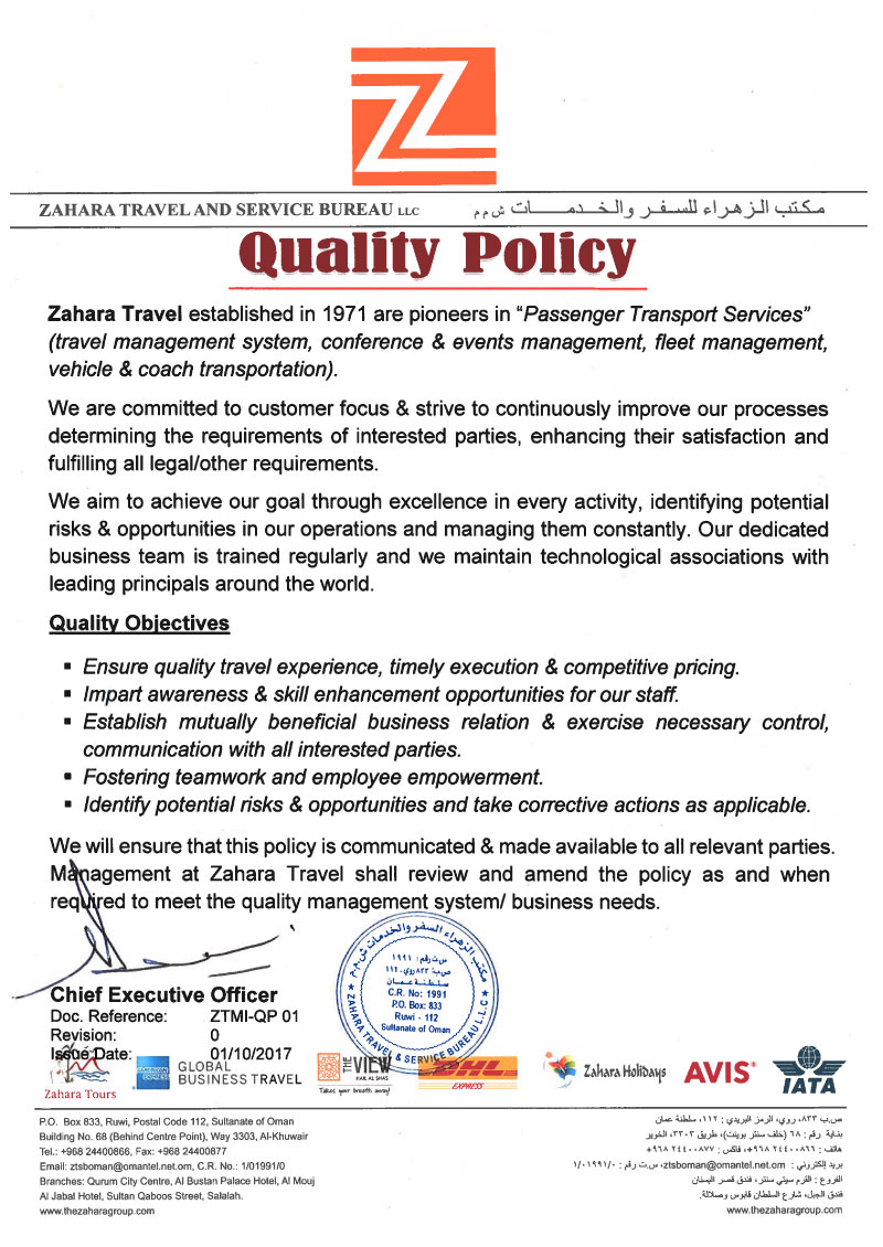 Quality Policy - Zahara Travel and Service Bureau LLC