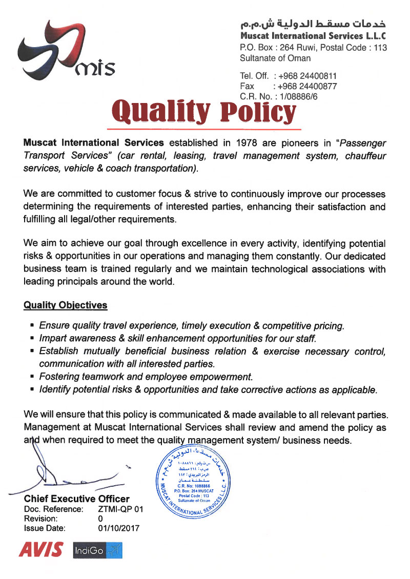 Quality Policy - Muscat International Services LLC